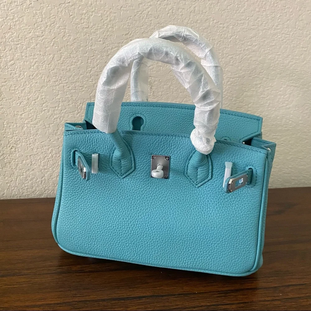 Turquoise Mini 20 Pebble Leather Lock Key Belted Satchel Bag Crossbody S14/B1 - Picture 6 of 13